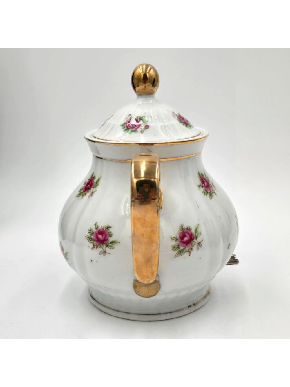 Vtg Minamiyama Seitosho Electric Teapot Rose Pattern Gold Accents Plug Included - Picture 3 of 15
